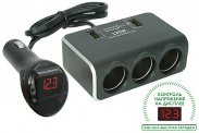Разветвитель прикуривателя 12/24V на 3 гнезда 120W + 2хUSB разъема 5V-3.0А, 2.1А + вольтметр AT08587
